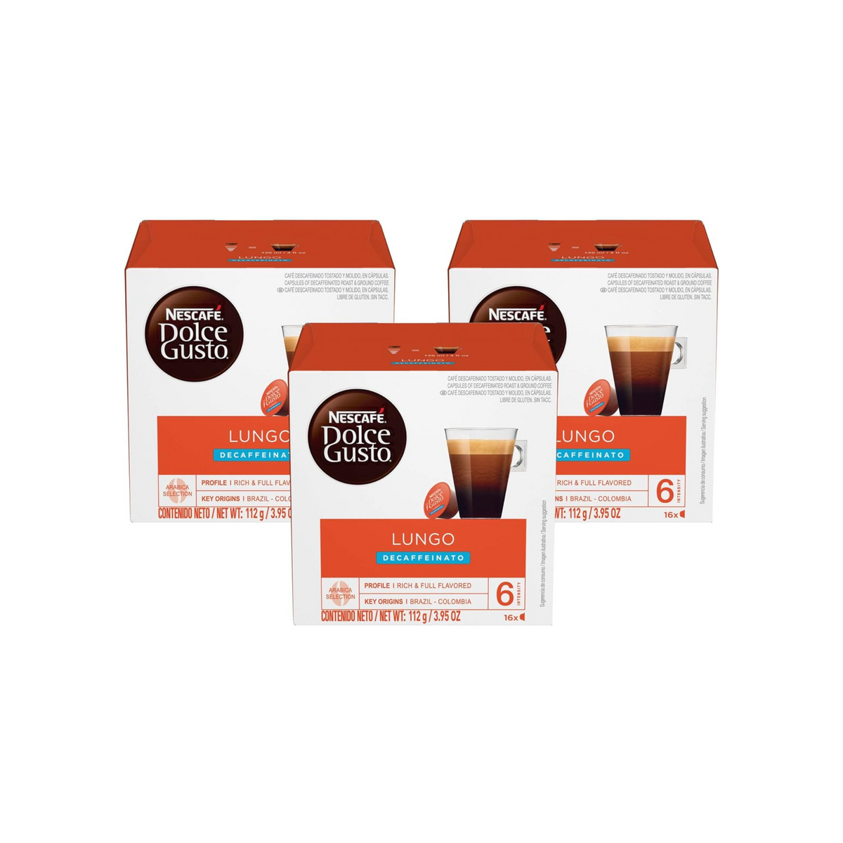Nescafe Dolce Gusto Coffee Pods, Lungo Decaffeinato, 16 capsules, Pack of 3