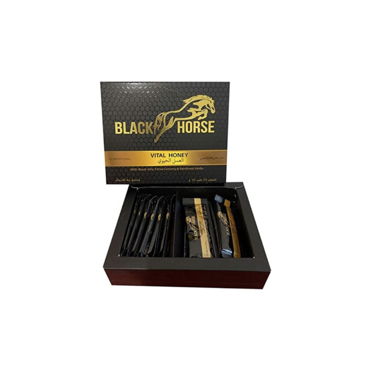 Black Horse Vital Honey – 24 Sachets x 10g | Honey with Royal Jelly & Panax Ginseng | Made in Malaysia