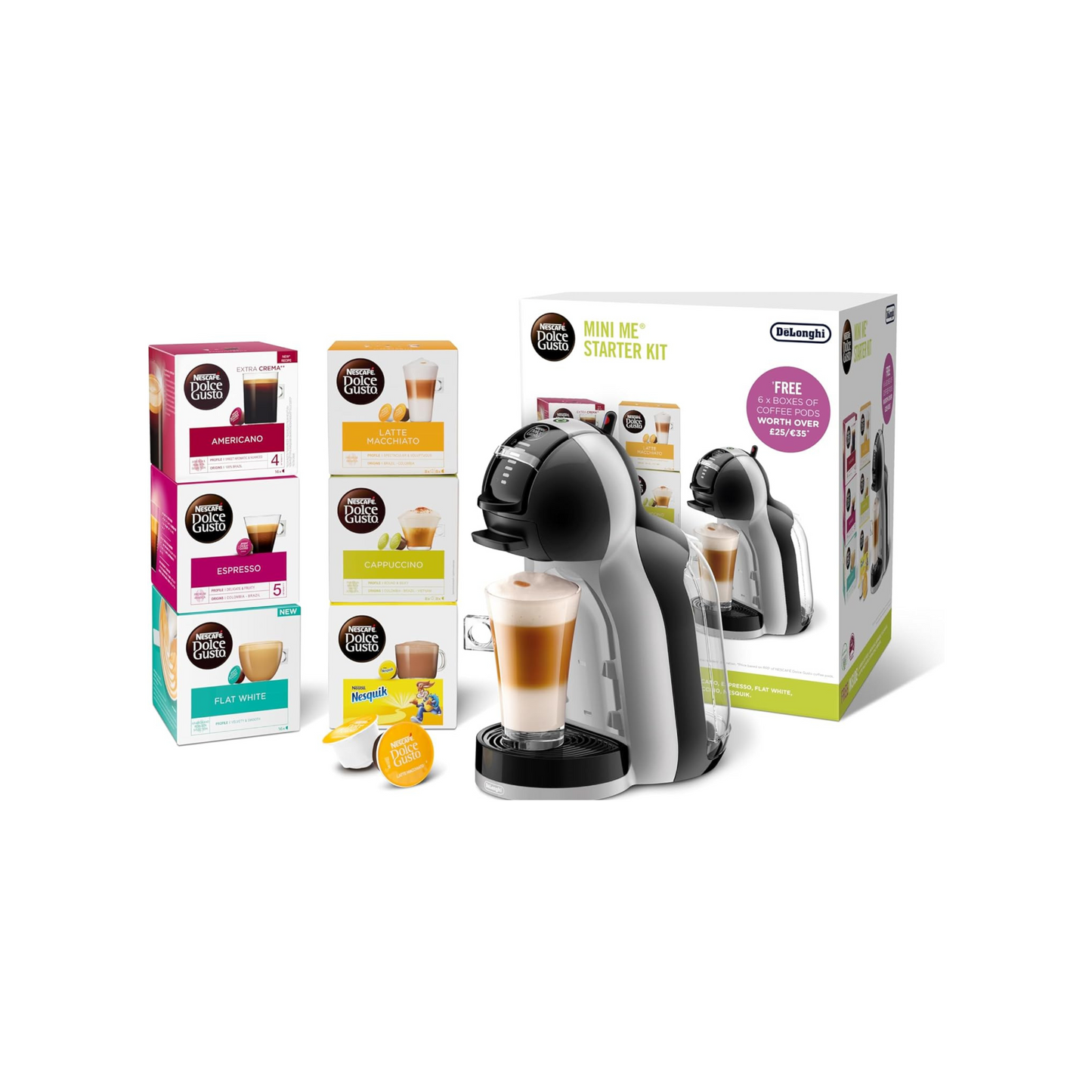 Nescafe Dolce Gusto MINI ME Capsule Coffee Machine Starter Kit, Including 6 boxes of Coffee Pods